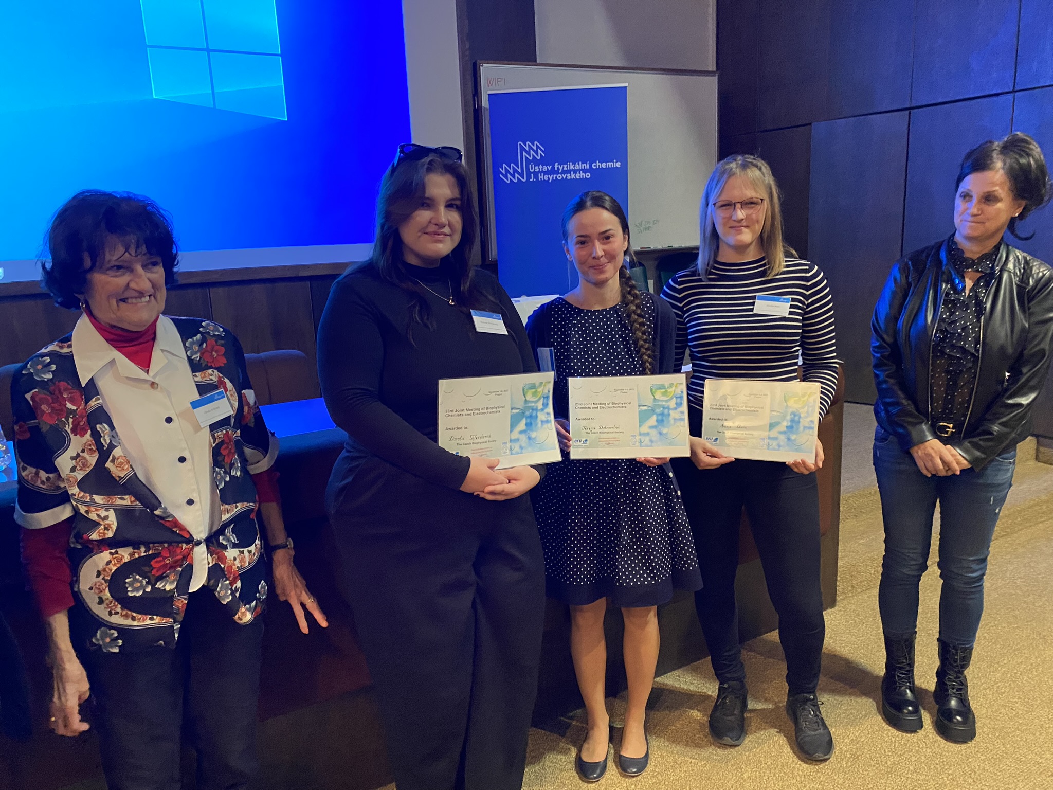The winners of the competition for the best flash talk presentation awarded by the Czech Biophysical association and Czech Chemical Society: Anika Blum, Terezie Dobrovoln√°, Dorota Sklen√°rov√°